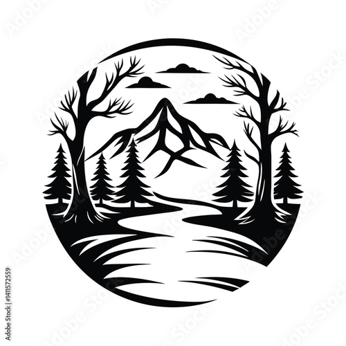 Mountain, River, Trees, Nature Silhouette Circle Icon, Minimalist Black and White Scenery