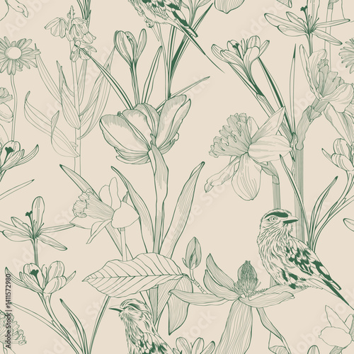 Seamless floral pattern vector outline. Romantic Crocus, tulips, daffodils and delicate bitds will suit print on fabric, Wallpaper, wrapper and design.