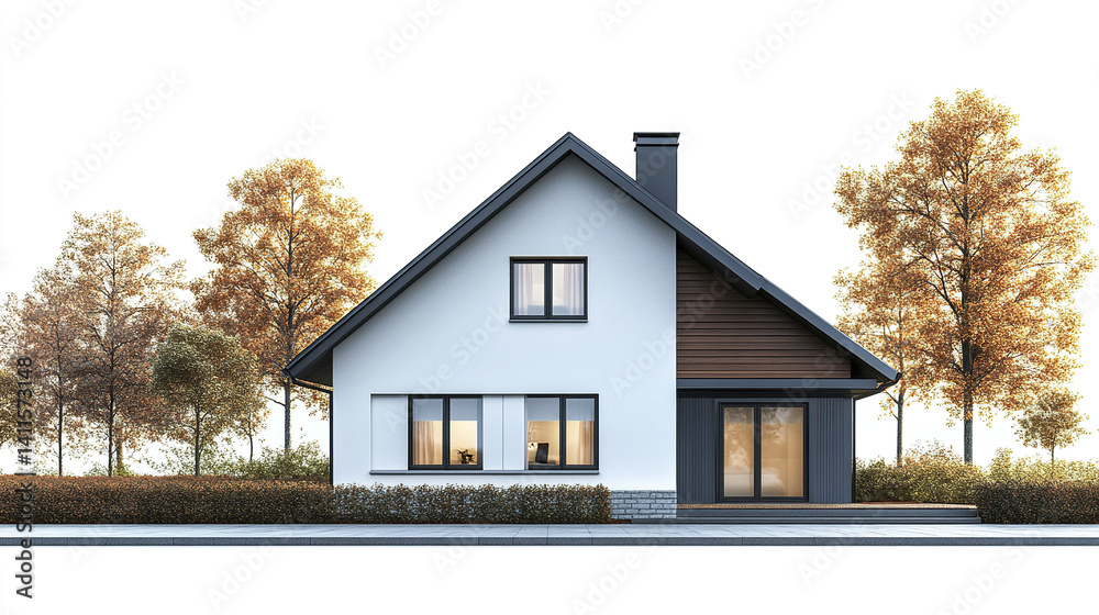 Modern house with autumn trees, white facade, and large windows Modern house with autumn trees, white facade, and large windows