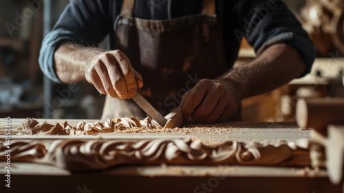 A precision woodworker carving intricate details on a custom furniture piece. Featuring craftsmanship and attention to detail
