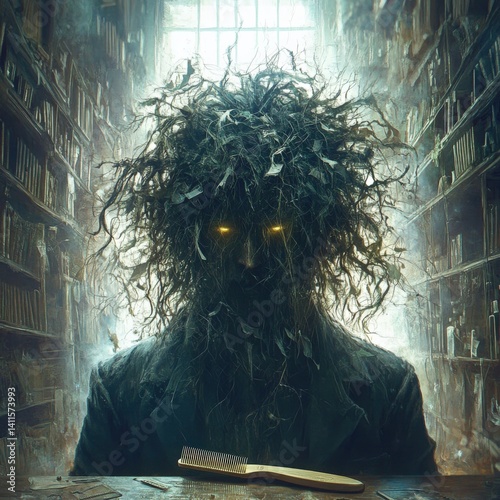 Eerie humanoid figure with wild hair and glowing eyes amidst a mystical library setting.