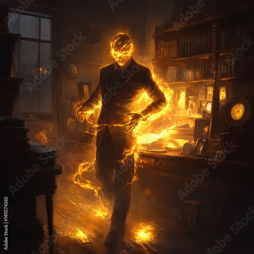 Illustration of a fiery humanoid figure in a vintage office with books and clocks, evoking mysticism and power in a dark, atmospheric setting. Vibrant orange flames illuminate the room.