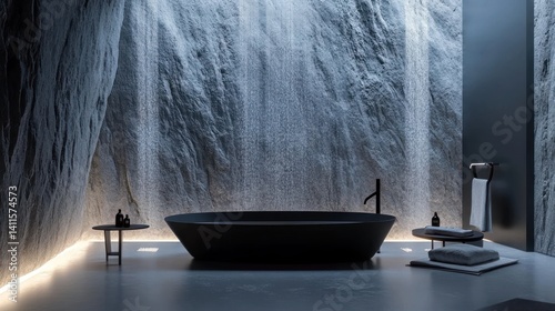 Serene Spa Bathroom: Modern Minimalist Design with Waterfall Rock Wall