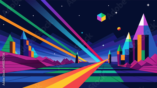 A series of colorful lasers beaming through a digital landscape highlighting the highspeed and precise nature of modern data transmissions.. Vector illustration