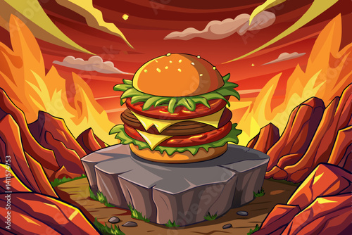 Homemade beef burger vector with crispy bacon on rock stage studio area