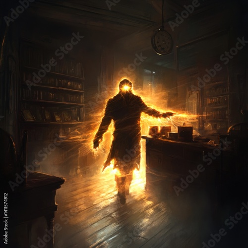 A silhouette of a radiant figure with glowing light surrounded by an enigmatic atmosphere.