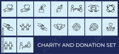 Charity and donation line icon set featuring volunteering, helping hands, care, and giving symbols