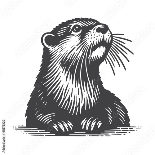 Simple River Otter Looking Up Vector Icon Design – Vintage Retro Logo & Illustration