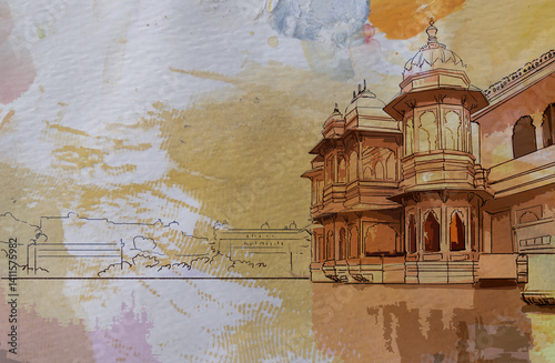 Udaipur city place , Rajasthan, India. Artistic sketch. Hand painted watercolour postcard, poster, book illustration
