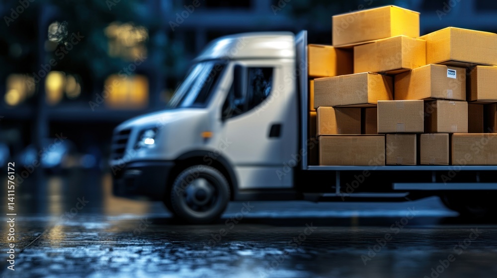 Fototapeta premium Night delivery truck loaded with boxes on city street