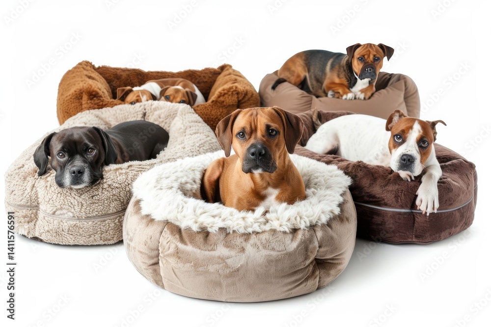 Five cozy dogs lounging peacefully in plush pet beds at home on a relaxing afternoon, capturing the essence of comfort and companionship isolated on transparent background Five cozy dogs lounging peacefully in plush pet beds at home on a relaxing afternoon, capturing the essence of comfort and companionship isolated on transparent background