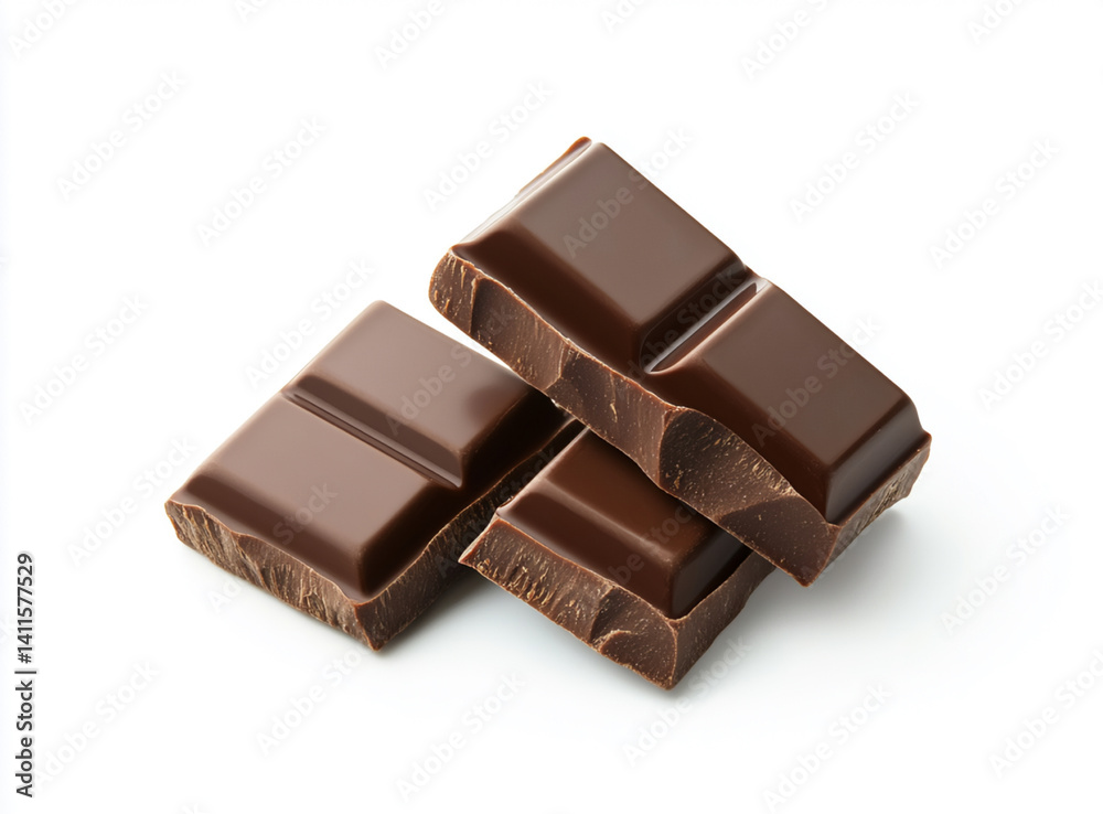 Three pieces of dark chocolate stacked on white background Three pieces of dark chocolate stacked on white background