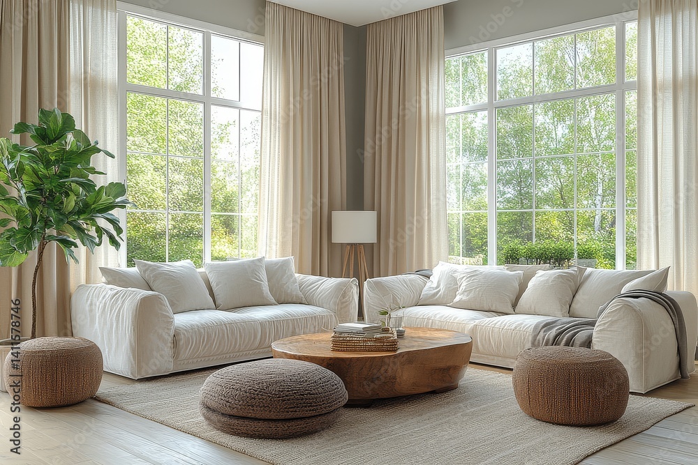 Fototapeta premium Bright and airy living room with light gray walls, beige curtains, modern seating, coffee table, side tables, potted plant, and natural sunlight.
