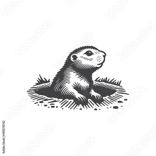 Simple Prairie Dog Poking Head Out of Burrow Vector Icon Design – Vintage Retro Logo & Illustration