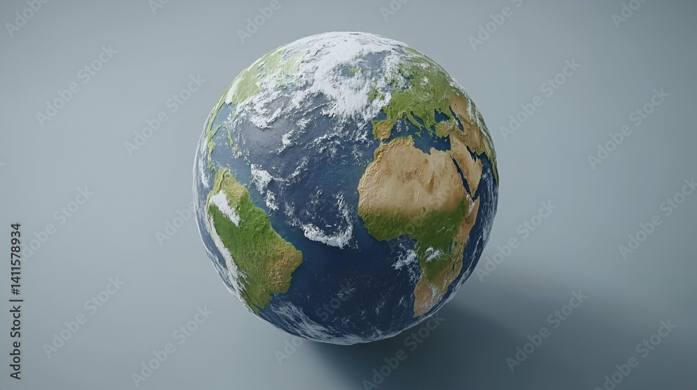 Fototapeta premium Earth globe, continents, clouds, grey background, environmental concept