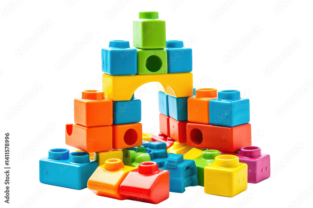 Colorful building blocks create a vibrant castle structure on a bright white backdrop, showcasing creativity and playful exploration isolated on transparent background