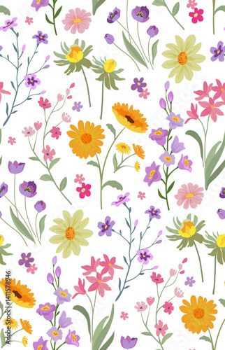 Vector seamless pattern with blooming meadow. Bright endless background with colorful wildflowers forget-me-nots, chamomile, daisies.