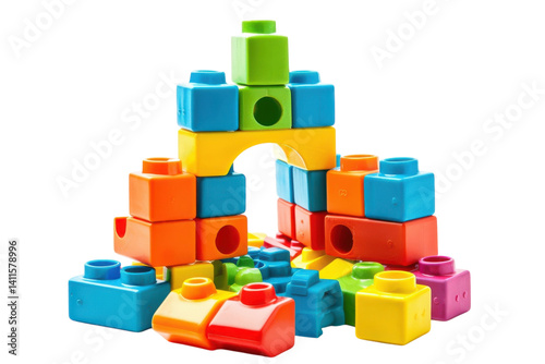Colorful building blocks create a vibrant castle structure on a bright white backdrop, showcasing creativity and playful exploration isolated on transparent background