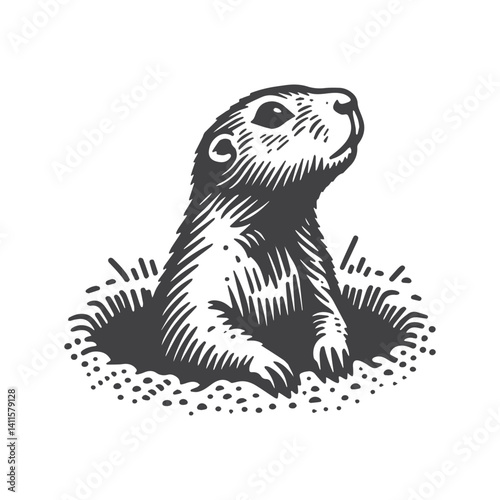 Simple Prairie Dog Poking Head Out of Burrow Vector Icon Design – Vintage Retro Logo & Illustration