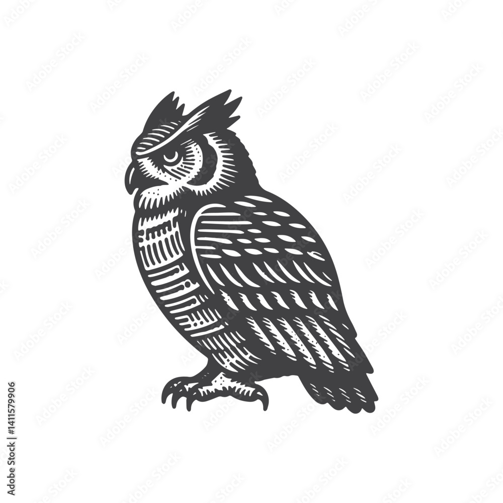 Obraz premium Simple Great Horned Owl Side View Vector Icon Design – Vintage Retro Logo & Illustration