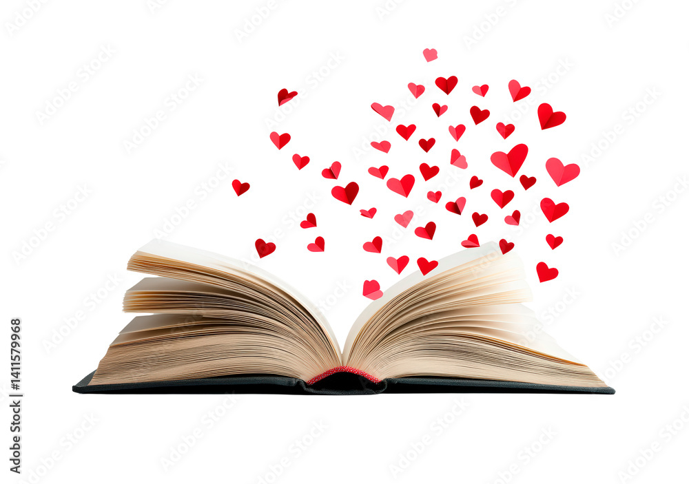 Open book with floating hearts symbolizes love isolated on transparent background Open book with floating hearts symbolizes love isolated on transparent background