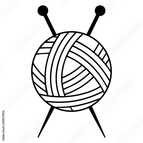 Yarn ball with knitting needles, crafting hobby icon