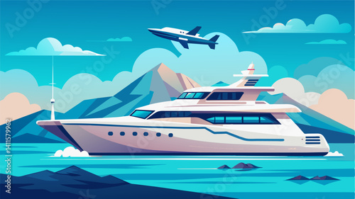 As a luxurious yacht passes by an eVTOL flies in tandem with it keeping pace as if it were a natural addition to the marine landscape.. Vector illustration
