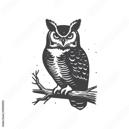 Simple Great Horned Owl Perched Vector Icon Design – Vintage Retro Logo & Illustration