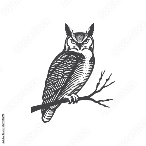 Simple Great Horned Owl Perched Vector Icon Design – Vintage Retro Logo & Illustration