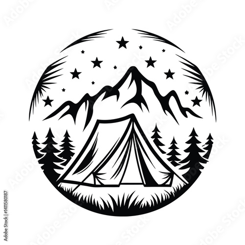 Black & White Mountain Camping with Tent, Trees, Stars within Circle