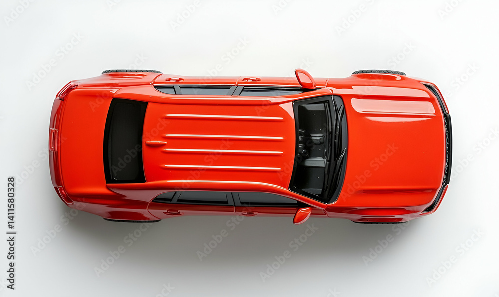 Red toy car overhead studio shot Red toy car overhead studio shot