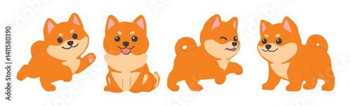 Set of cute Shiba Inu small puppy dog in different poses. Hand drawn Flat vector illustration isolated on transparent background
