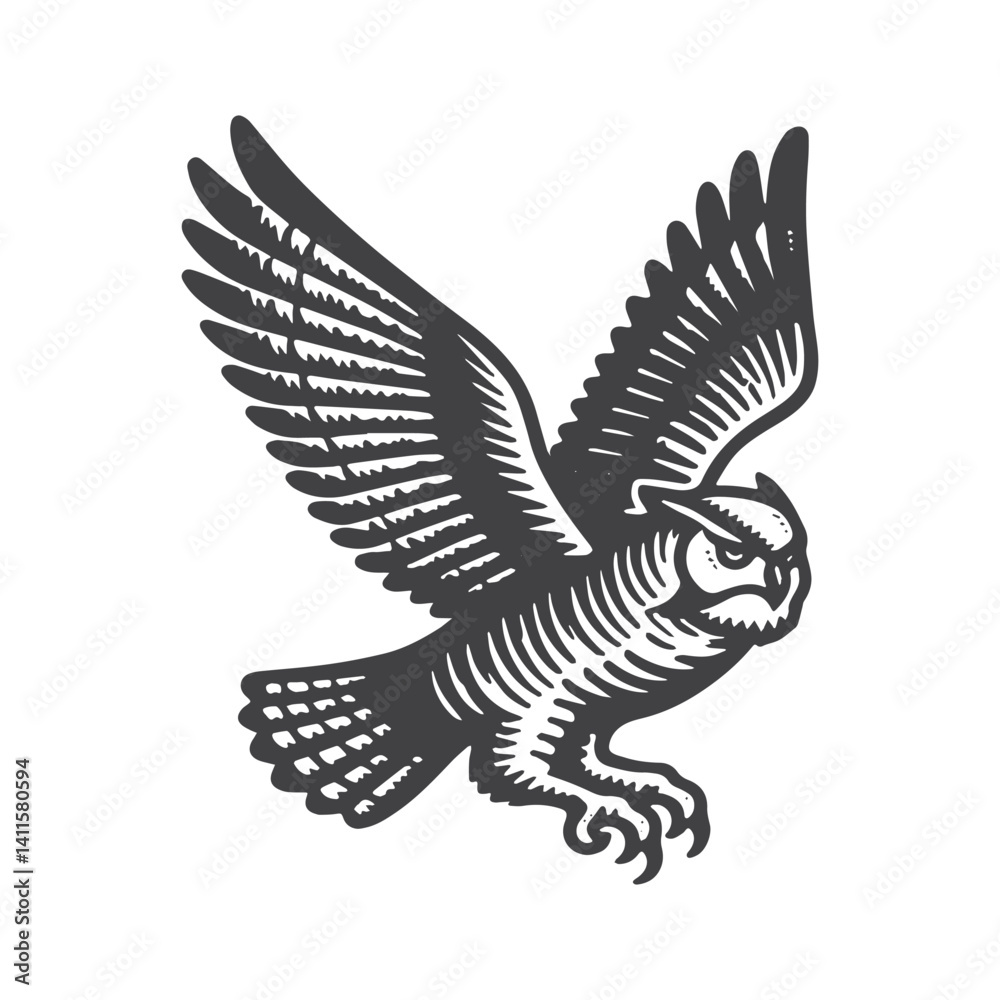 Fototapeta premium Simple Great Horned Owl Flying Vector Icon Design – Vintage Retro Logo & Illustration