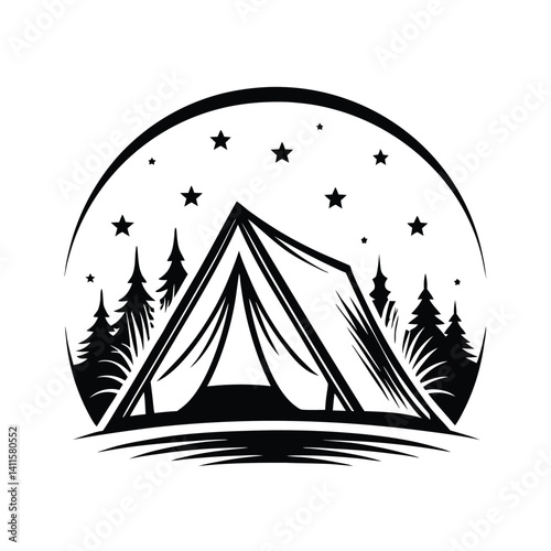Camping Tent with Pine Trees and Stars Silhouette, Black and White Monotone Art