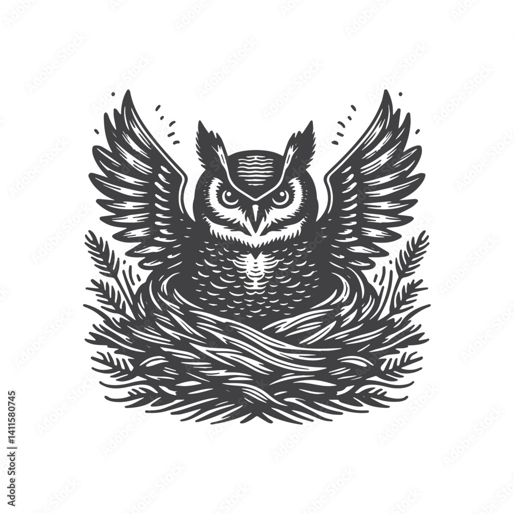 Obraz premium Simple Great Horned Owl Nest Side View Vector Icon Design – Vintage Retro Logo & Illustration