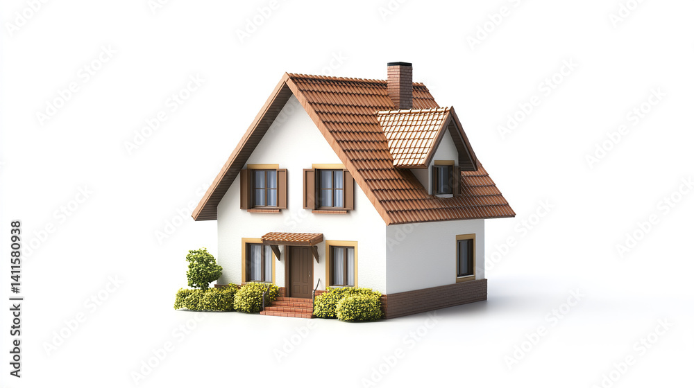 Charming small house with brown roof and white walls, surrounded by greenery Charming small house with brown roof and white walls, surrounded by greenery