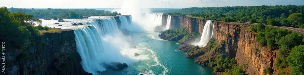 Fototapeta premium Vast Zambezi River cascading over Victoria Falls, aerial view, eco, overview