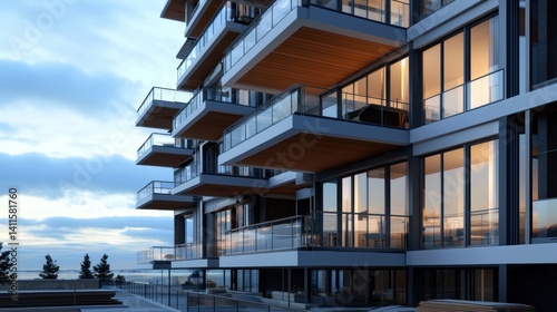 Modern apartment building exterior at twilight, showcasing balconies and city views. Use Architectural design, real estate