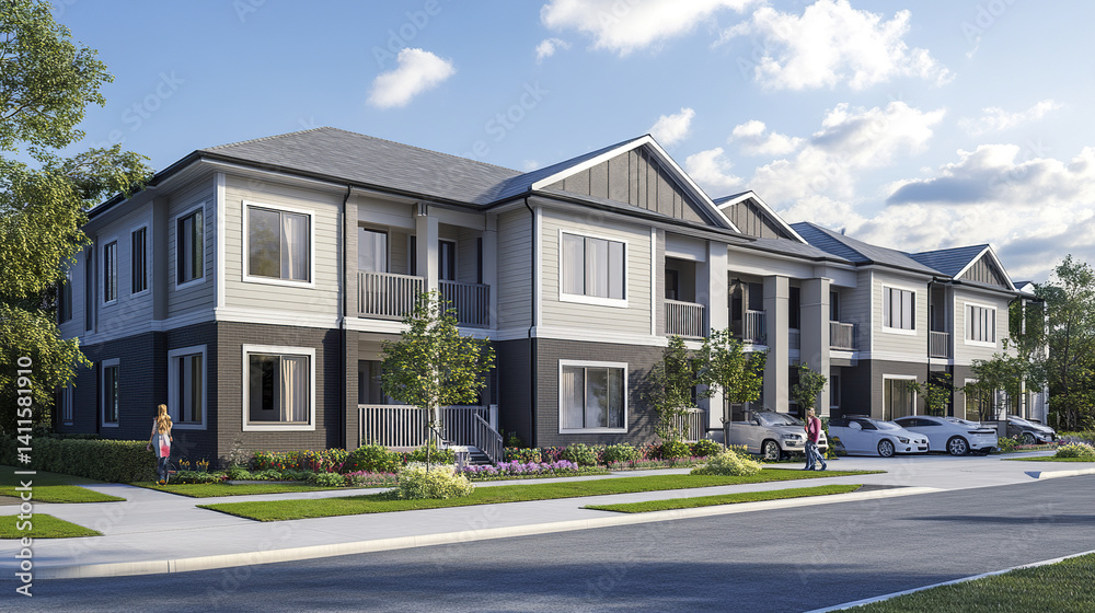 Modern two story rental house with balconies and parked cars Modern two story rental house with balconies and parked cars