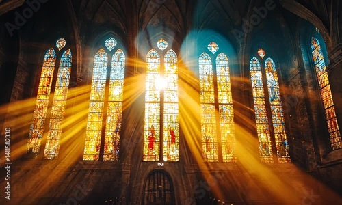 Stunning rays of sunlight streaming through stained glass windows in an ancient cathedral