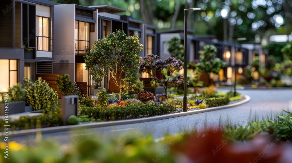 Fototapeta premium Model Townhomes at Dusk, Curving Road, Lush Landscaping