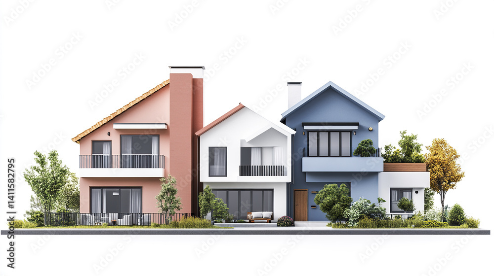 Colorful modern houses with balconies and gardens create vibrant neighborhood