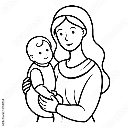 Happy Mother and daughter holding hand line art vector illustration