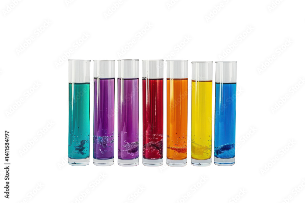 Vibrant test tubes filled with colorful liquids reflecting the art of science in a minimalist studio setting isolated on transparent background Vibrant test tubes filled with colorful liquids reflecting the art of science in a minimalist studio setting isolated on transparent background