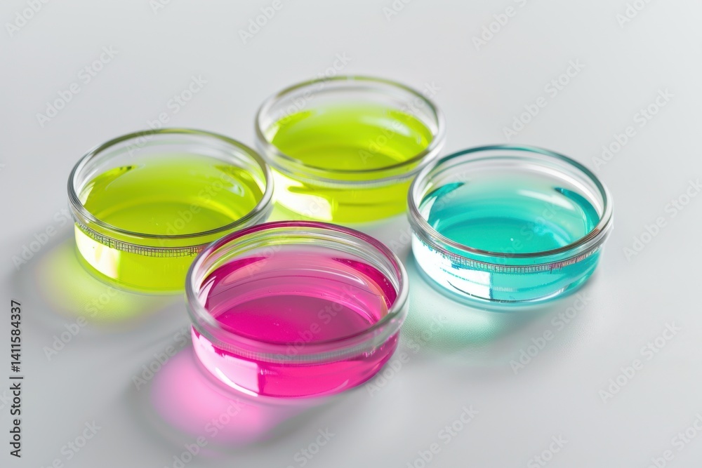 Brightly colored liquids in glass dishes create a vibrant display of science experiment inspiration on a pristine surface isolated on transparent background Brightly colored liquids in glass dishes create a vibrant display of science experiment inspiration on a pristine surface isolated on transparent background
