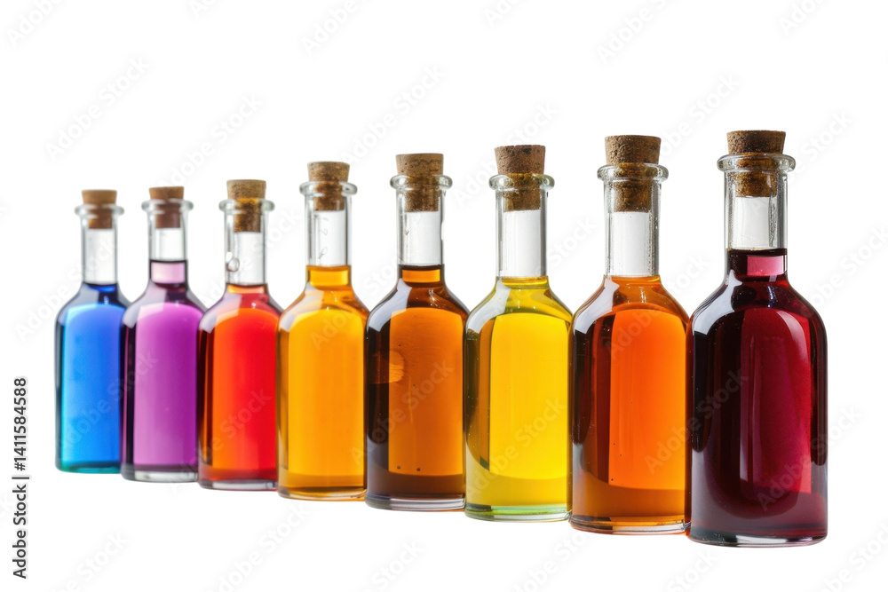 Colorful glass bottles filled with vibrant liquids arranged artistically on a table against a minimalist backdrop isolated on transparent background Colorful glass bottles filled with vibrant liquids arranged artistically on a table against a minimalist backdrop isolated on transparent background