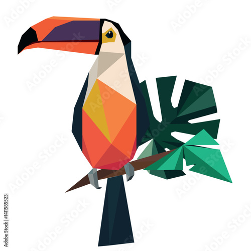 Freehand vector minimalistic abstract illustration of an toucan and monstera leaves, a wild African botanical plants using simple geometric shapes. Suitable for printing, wallpaper. Hand drawn toucane