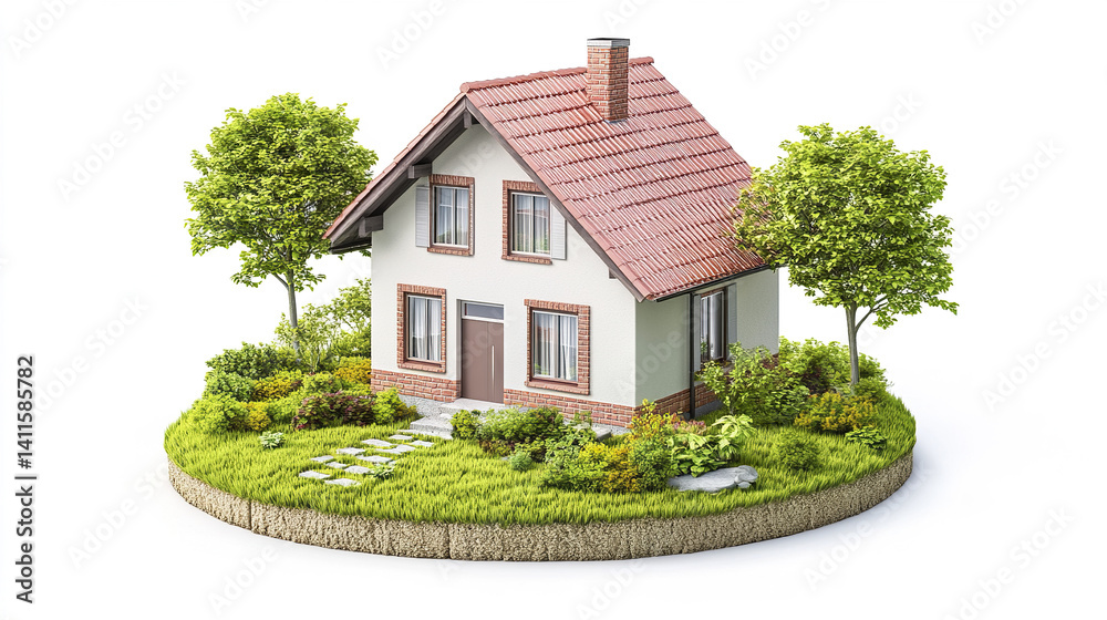 Charming small house with red roof surrounded by lush greenery Charming small house with red roof surrounded by lush greenery