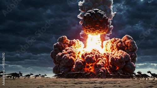Dinosaurs running across a dusty plain as a massive meteor falls from the sky. Explosions create clouds of dust and fire in a dramatic prehistoric apocalypse. Dinosaurs extinction theory
