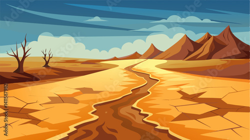 The dry riverbed resembled a desert landscape with its parched and cracked ground stretching for miles.. Vector illustration